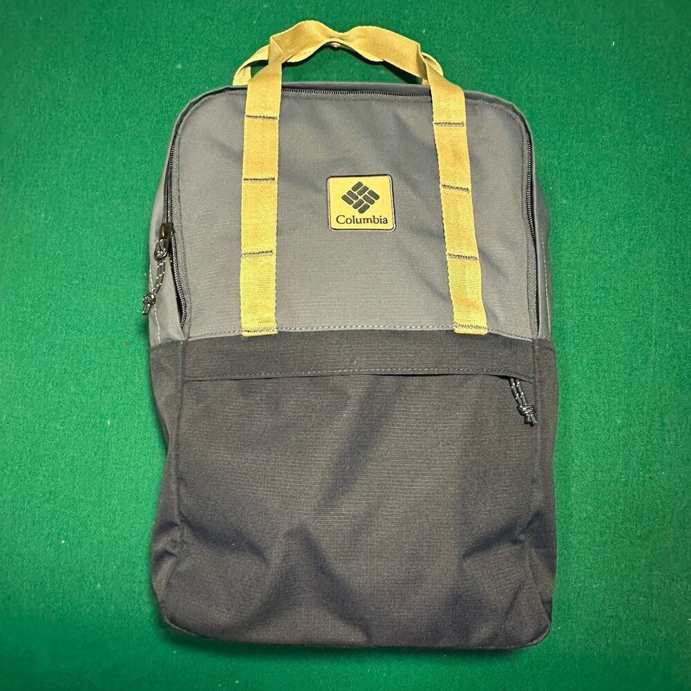 Columbia Backpack Blue Tan Straps Laptop Book Bag Outdoor Travel Hiking